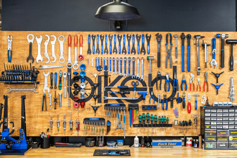 The bike service bench at Biked, used for repairs and tune-ups