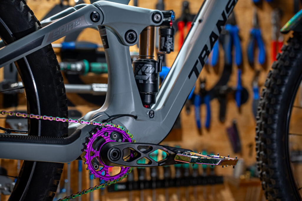 Iridescent Transition bike chain being serviced at Biked